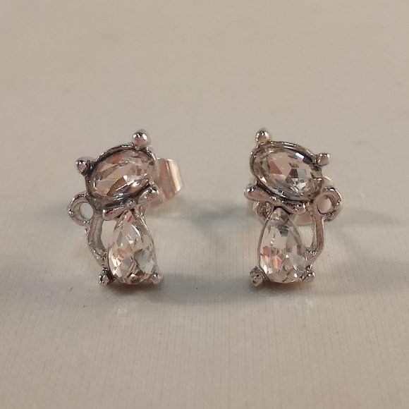 925 Sterling Silver Cat Bow Swirl Diamond Zircon Cat Stud Earrings Party Gift - Picture 1 of 4